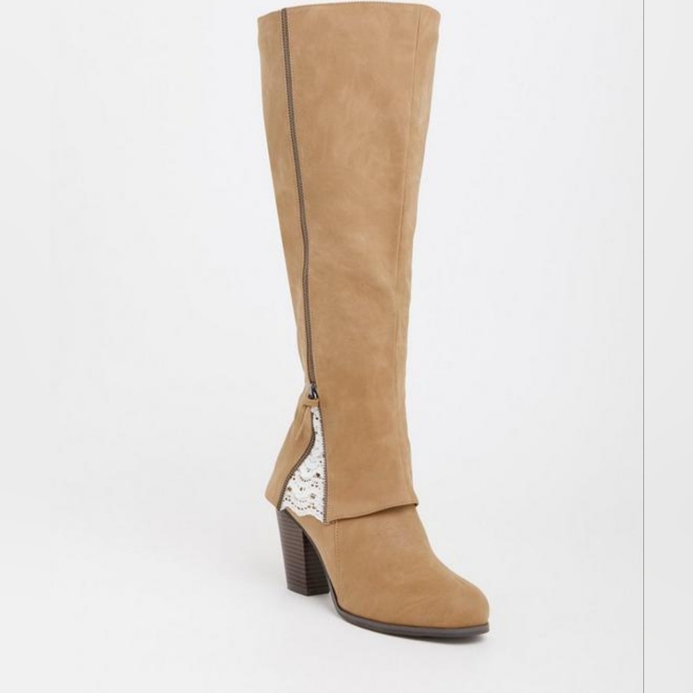 torrid Tan Knee-High Heeled Boots with Lace Accent